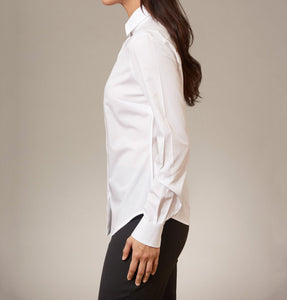 Women's White Cotton shirt button down. Side view with single  cuff