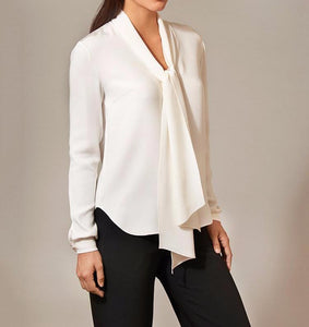 Classic Blouse in White Silk with Self-Tie by Rhonda Cole